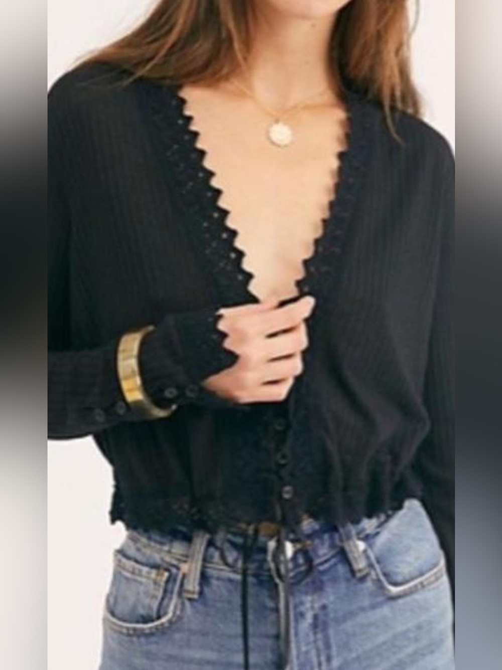 Free People Third Date Black Ribbed Knit Cardigan/ Blouse